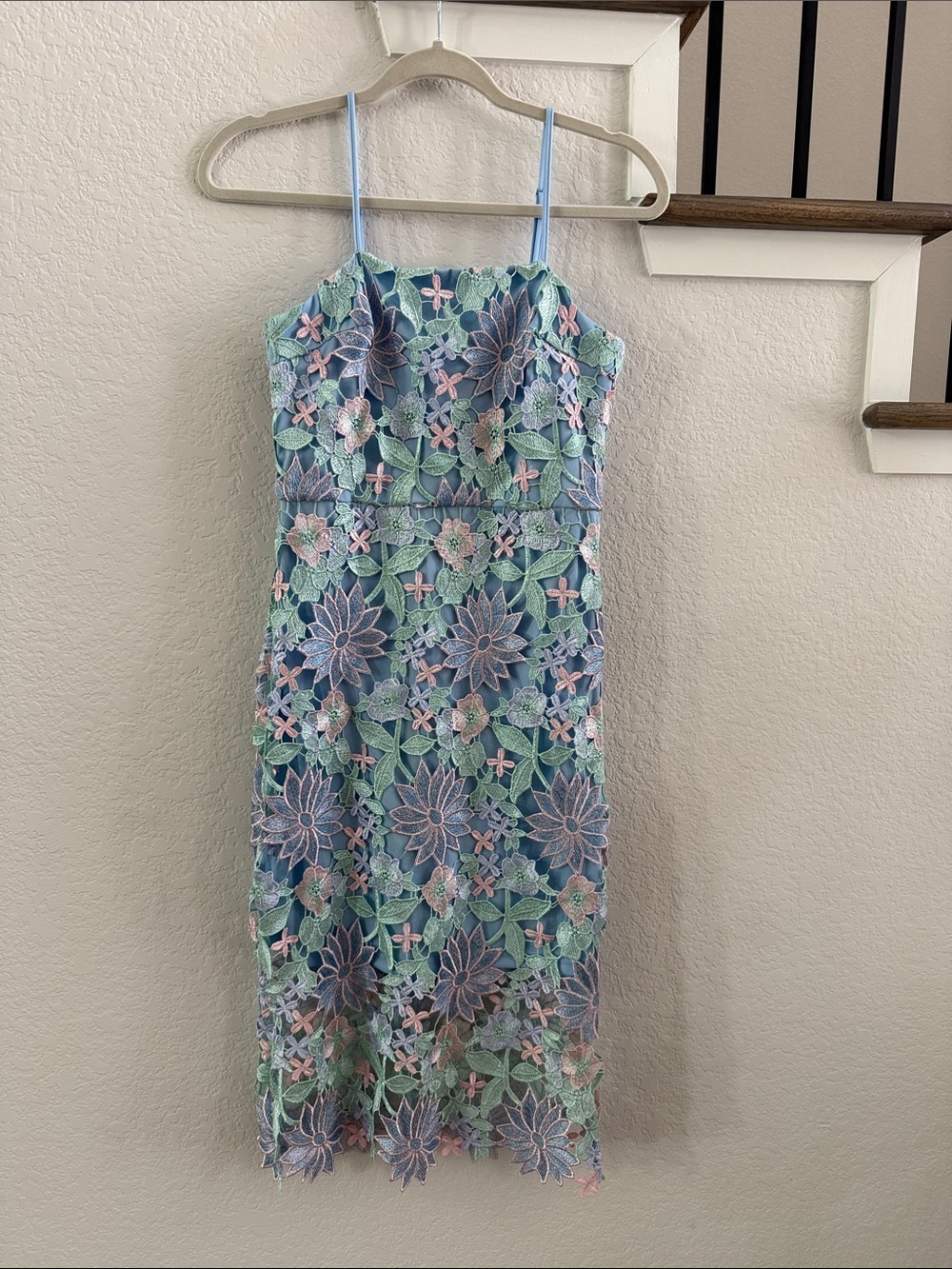 Floral Embroidered Midi Dress Blue Pastel Lace